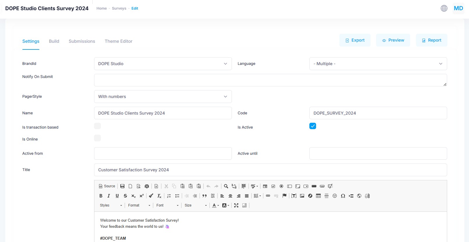 Survey settings